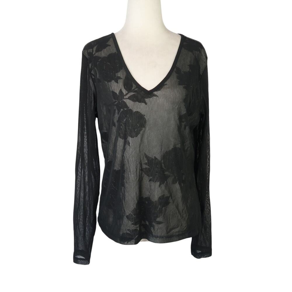 Vintage 90s/Y2K The Limited Black and White Floral Mesh Long Sleeve Tee XL